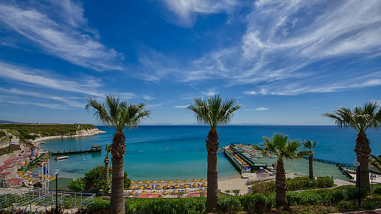 Didim koylarından berrak deniz ve palmiyeli plaj görünümü